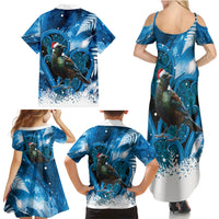 Tui Bird New Zealand Christmas In July Family Matching Summer Maxi Dress and Hawaiian Shirt NZ Aroha Koru Fern Marble Vibes LT14 Mom's Dress Blue - Polynesian Pride