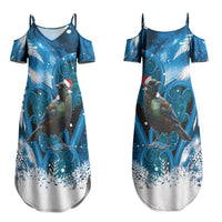 Tui Bird New Zealand Christmas In July Family Matching Summer Maxi Dress and Hawaiian Shirt NZ Aroha Koru Fern Marble Vibes LT14 Mom's Dress Blue - Polynesian Pride