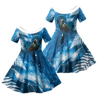 Tui Bird New Zealand Christmas In July Family Matching Summer Maxi Dress and Hawaiian Shirt NZ Aroha Koru Fern Marble Vibes LT14 Daughter's Dress Blue - Polynesian Pride