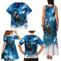 Tui Bird New Zealand Christmas In July Family Matching Tank Maxi Dress and Hawaiian Shirt NZ Aroha Koru Fern Marble Vibes LT14 Mom's Dress Blue - Polynesian Pride