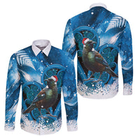 Tui Bird New Zealand Christmas In July Family Matching Tank Maxi Dress and Hawaiian Shirt NZ Aroha Koru Fern Marble Vibes LT14 Dad's Shirt - Long Sleeve Blue - Polynesian Pride