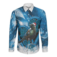 Tui Bird New Zealand Christmas In July Long Sleeve Button Shirt NZ Aroha Koru Fern Marble Vibes LT14 Unisex Blue - Polynesian Pride
