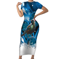 Tui Bird New Zealand Christmas In July Short Sleeve Bodycon Dress NZ Aroha Koru Fern Marble Vibes LT14 Long Dress Blue - Polynesian Pride