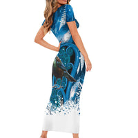 Tui Bird New Zealand Christmas In July Short Sleeve Bodycon Dress NZ Aroha Koru Fern Marble Vibes LT14 - Polynesian Pride