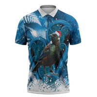 Tui Bird New Zealand Christmas In July Zipper Polo Shirt NZ Aroha Koru Fern Marble Vibes LT14 Blue - Polynesian Pride
