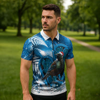 Tui Bird New Zealand Christmas In July Zipper Polo Shirt NZ Aroha Koru Fern Marble Vibes LT14 - Polynesian Pride