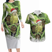 Kakapo New Zealand Christmas In July Couples Matching Long Sleeve Bodycon Dress and Hawaiian Shirt NZ Aroha Koru Fern Marble Vibes LT14 Green - Polynesian Pride