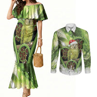 Kakapo New Zealand Christmas In July Couples Matching Mermaid Dress and Long Sleeve Button Shirt NZ Aroha Koru Fern Marble Vibes LT14 Green - Polynesian Pride