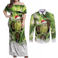 Kakapo New Zealand Christmas In July Couples Matching Off Shoulder Maxi Dress and Long Sleeve Button Shirt NZ Aroha Koru Fern Marble Vibes