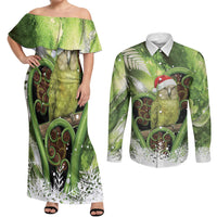 Kakapo New Zealand Christmas In July Couples Matching Off Shoulder Maxi Dress and Long Sleeve Button Shirt NZ Aroha Koru Fern Marble Vibes LT14 Green - Polynesian Pride