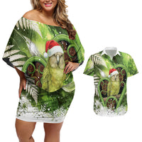 Kakapo New Zealand Christmas In July Couples Matching Off Shoulder Short Dress and Hawaiian Shirt NZ Aroha Koru Fern Marble Vibes