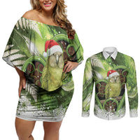 Kakapo New Zealand Christmas In July Couples Matching Off Shoulder Short Dress and Long Sleeve Button Shirt NZ Aroha Koru Fern Marble Vibes LT14 Green - Polynesian Pride