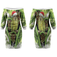 Kakapo New Zealand Christmas In July Couples Matching Off The Shoulder Long Sleeve Dress and Long Sleeve Button Shirt NZ Aroha Koru Fern Marble Vibes LT14 - Polynesian Pride