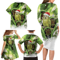 Kakapo New Zealand Christmas In July Family Matching Long Sleeve Bodycon Dress and Hawaiian Shirt NZ Aroha Koru Fern Marble Vibes LT14 Mom's Dress Green - Polynesian Pride