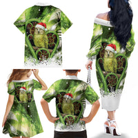 Kakapo New Zealand Christmas In July Family Matching Off The Shoulder Long Sleeve Dress and Hawaiian Shirt NZ Aroha Koru Fern Marble Vibes
