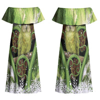 Kakapo New Zealand Christmas In July Family Matching Off Shoulder Maxi Dress and Hawaiian Shirt NZ Aroha Koru Fern Marble Vibes LT14 Mom's Dress Green - Polynesian Pride