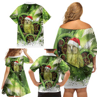 Kakapo New Zealand Christmas In July Family Matching Off Shoulder Short Dress and Hawaiian Shirt NZ Aroha Koru Fern Marble Vibes LT14 Mom's Dress Green - Polynesian Pride