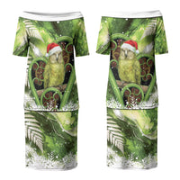 Kakapo New Zealand Christmas In July Family Matching Puletasi and Hawaiian Shirt NZ Aroha Koru Fern Marble Vibes LT14 Mom's Dress Green - Polynesian Pride