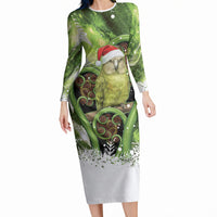 Kakapo New Zealand Christmas In July Long Sleeve Bodycon Dress NZ Aroha Koru Fern Marble Vibes LT14 Long Dress Green - Polynesian Pride