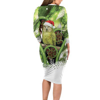 Kakapo New Zealand Christmas In July Long Sleeve Bodycon Dress NZ Aroha Koru Fern Marble Vibes LT14 - Polynesian Pride
