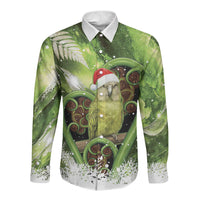 Kakapo New Zealand Christmas In July Long Sleeve Button Shirt NZ Aroha Koru Fern Marble Vibes LT14 Unisex Green - Polynesian Pride