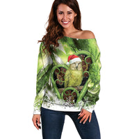 Kakapo New Zealand Christmas In July Off Shoulder Sweater NZ Aroha Koru Fern Marble Vibes