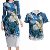 Sulphur-crested Cockatoo New Zealand Christmas In July Couples Matching Long Sleeve Bodycon Dress and Hawaiian Shirt NZ Aroha Koru Fern Marble Vibes LT14 Blue - Polynesian Pride