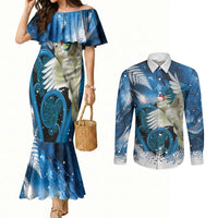 Sulphur-crested Cockatoo New Zealand Christmas In July Couples Matching Mermaid Dress and Long Sleeve Button Shirt NZ Aroha Koru Fern Marble Vibes LT14 Blue - Polynesian Pride