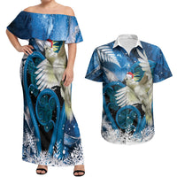 Sulphur-crested Cockatoo New Zealand Christmas In July Couples Matching Off Shoulder Maxi Dress and Hawaiian Shirt NZ Aroha Koru Fern Marble Vibes LT14 Blue - Polynesian Pride