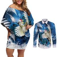 Sulphur-crested Cockatoo New Zealand Christmas In July Couples Matching Off Shoulder Short Dress and Long Sleeve Button Shirt NZ Aroha Koru Fern Marble Vibes