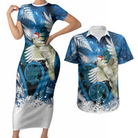 Sulphur-crested Cockatoo New Zealand Christmas In July Couples Matching Short Sleeve Bodycon Dress and Hawaiian Shirt NZ Aroha Koru Fern Marble Vibes LT14 Blue - Polynesian Pride
