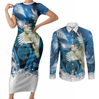 Sulphur-crested Cockatoo New Zealand Christmas In July Couples Matching Short Sleeve Bodycon Dress and Long Sleeve Button Shirt NZ Aroha Koru Fern Marble Vibes LT14 Blue - Polynesian Pride