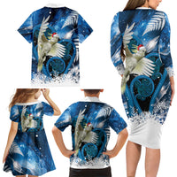 Sulphur-crested Cockatoo New Zealand Christmas In July Family Matching Long Sleeve Bodycon Dress and Hawaiian Shirt NZ Aroha Koru Fern Marble Vibes LT14 Mom's Dress Blue - Polynesian Pride
