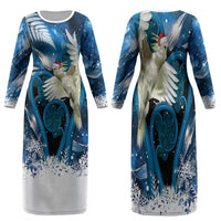 Sulphur-crested Cockatoo New Zealand Christmas In July Family Matching Long Sleeve Bodycon Dress and Hawaiian Shirt NZ Aroha Koru Fern Marble Vibes LT14 Mom's Dress Blue - Polynesian Pride