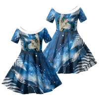 Sulphur-crested Cockatoo New Zealand Christmas In July Family Matching Long Sleeve Bodycon Dress and Hawaiian Shirt NZ Aroha Koru Fern Marble Vibes LT14 Daughter's Dress Blue - Polynesian Pride