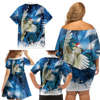 Sulphur-crested Cockatoo New Zealand Christmas In July Family Matching Off Shoulder Short Dress and Hawaiian Shirt NZ Aroha Koru Fern Marble Vibes LT14 Mom's Dress Blue - Polynesian Pride