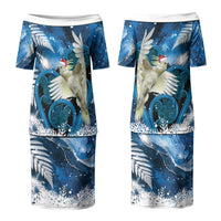 Sulphur-crested Cockatoo New Zealand Christmas In July Family Matching Puletasi and Hawaiian Shirt NZ Aroha Koru Fern Marble Vibes LT14 Mom's Dress Blue - Polynesian Pride