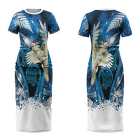 Sulphur-crested Cockatoo New Zealand Christmas In July Family Matching Short Sleeve Bodycon Dress and Hawaiian Shirt NZ Aroha Koru Fern Marble Vibes LT14 Mom's Dress Blue - Polynesian Pride