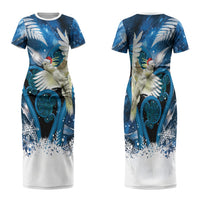 Sulphur-crested Cockatoo New Zealand Christmas In July Family Matching Short Sleeve Bodycon Dress and Hawaiian Shirt NZ Aroha Koru Fern Marble Vibes LT14 Mom's Dress Blue - Polynesian Pride