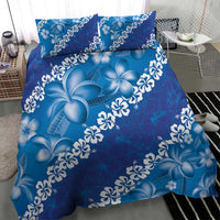 Vintage Blue Polynesia Bedding Set Plumeria With Hibiscus Tropical Vibes