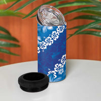 Vintage Blue Polynesia 4 in 1 Can Cooler Tumbler Plumeria With Hibiscus Tropical Vibes