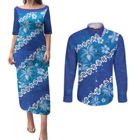 Vintage Blue Polynesia Couples Matching Puletasi and Long Sleeve Button Shirt Plumeria With Hibiscus Tropical Vibes LT14 Blue - Polynesian Pride