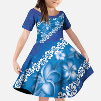 Vintage Blue Polynesia Kid Short Sleeve Dress Plumeria With Hibiscus Tropical Vibes LT14 KID Blue - Polynesian Pride