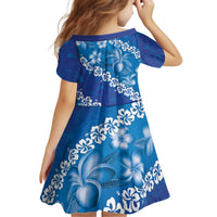 Vintage Blue Polynesia Kid Short Sleeve Dress Plumeria With Hibiscus Tropical Vibes LT14 - Polynesian Pride