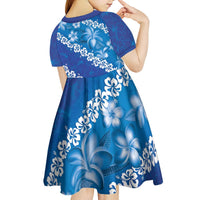 Vintage Blue Polynesia Kid Short Sleeve Dress Plumeria With Hibiscus Tropical Vibes LT14 - Polynesian Pride
