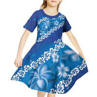 Vintage Blue Polynesia Kid Short Sleeve Dress Plumeria With Hibiscus Tropical Vibes LT14 - Polynesian Pride
