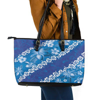 Vintage Blue Polynesia Leather Tote Bag Plumeria With Hibiscus Tropical Vibes LT14 - Polynesian Pride