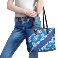 Vintage Blue Polynesia Leather Tote Bag Plumeria With Hibiscus Tropical Vibes LT14 - Polynesian Pride