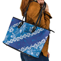 Vintage Blue Polynesia Leather Tote Bag Plumeria With Hibiscus Tropical Vibes LT14 - Polynesian Pride