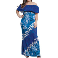 Vintage Blue Polynesia Off Shoulder Maxi Dress Plumeria With Hibiscus Tropical Vibes LT14 Women Blue - Polynesian Pride